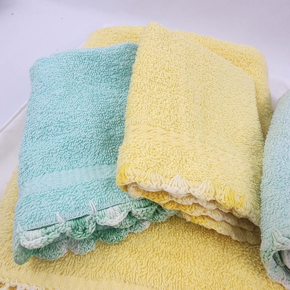 Vtg. Cannon Pink/ Coral Yellow‎ Towels Washcloths Crochet Edge Made USA 3 Extra - Picture 7 of 16